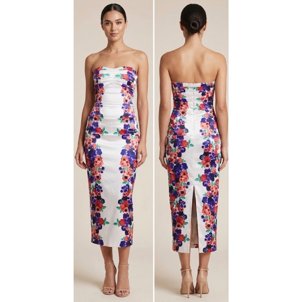 Lily Rose Floral Strapless Sweetheart Midi Dress Ivory Purple Coral Size Small